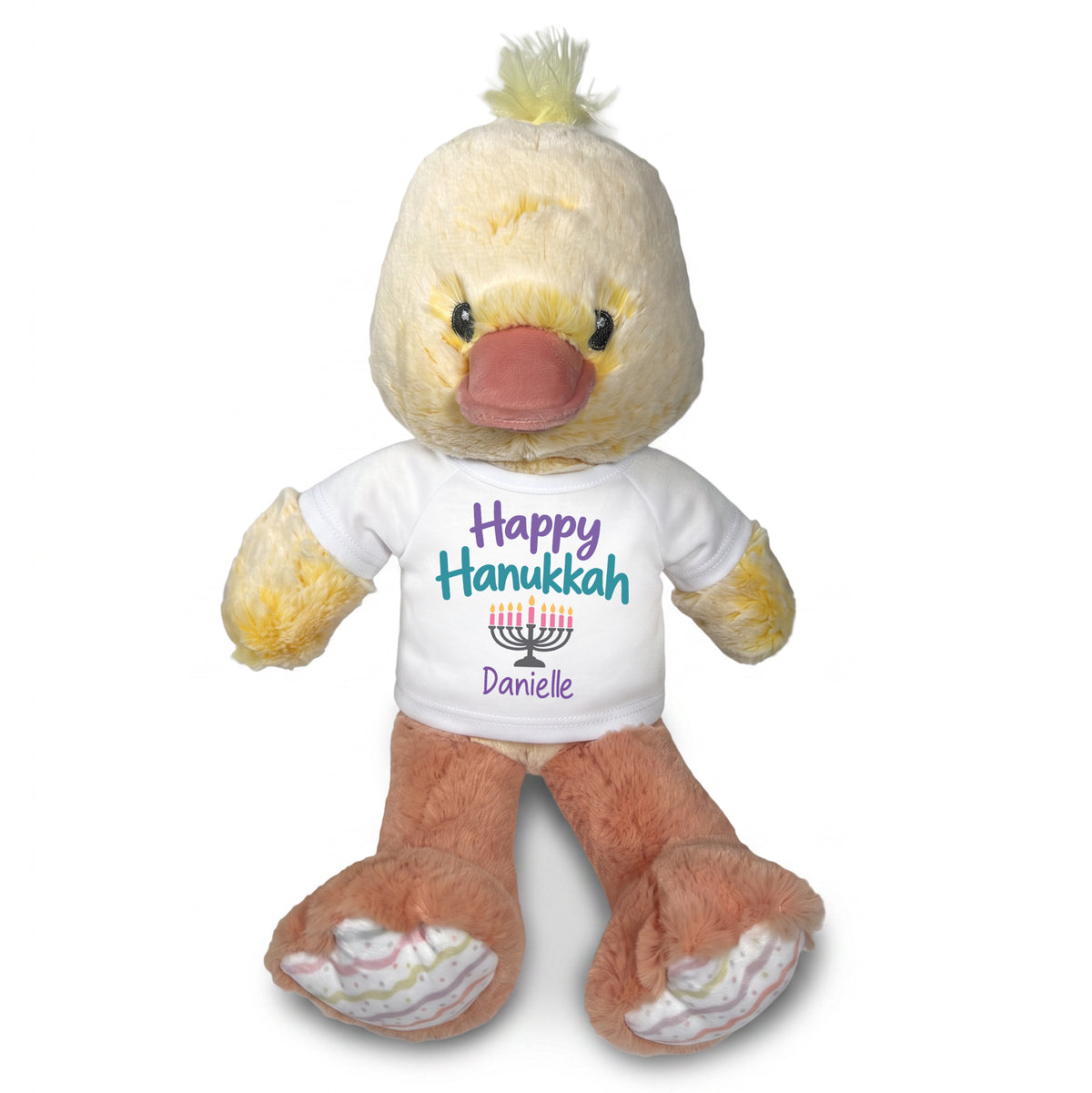 Personalized Hanukkah Stuffed Duck - 12 Inch Plush Dani Duck - Happy Hanukkah, White Shirt / Pastel Design