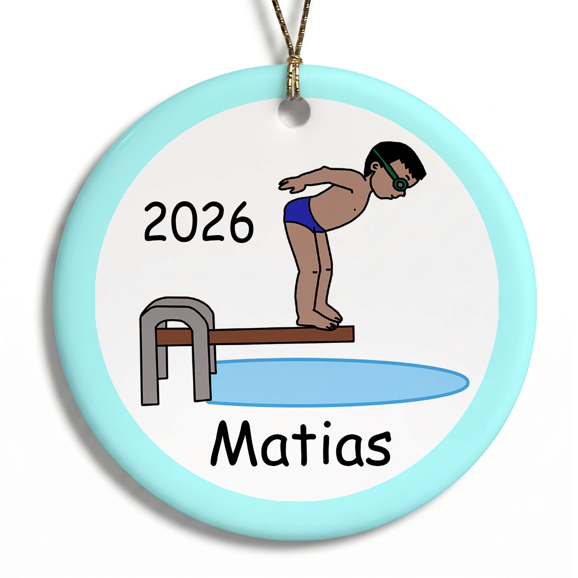 Diving or Swimming Personalized Christmas Ornament - Boy with medium skin and black hair