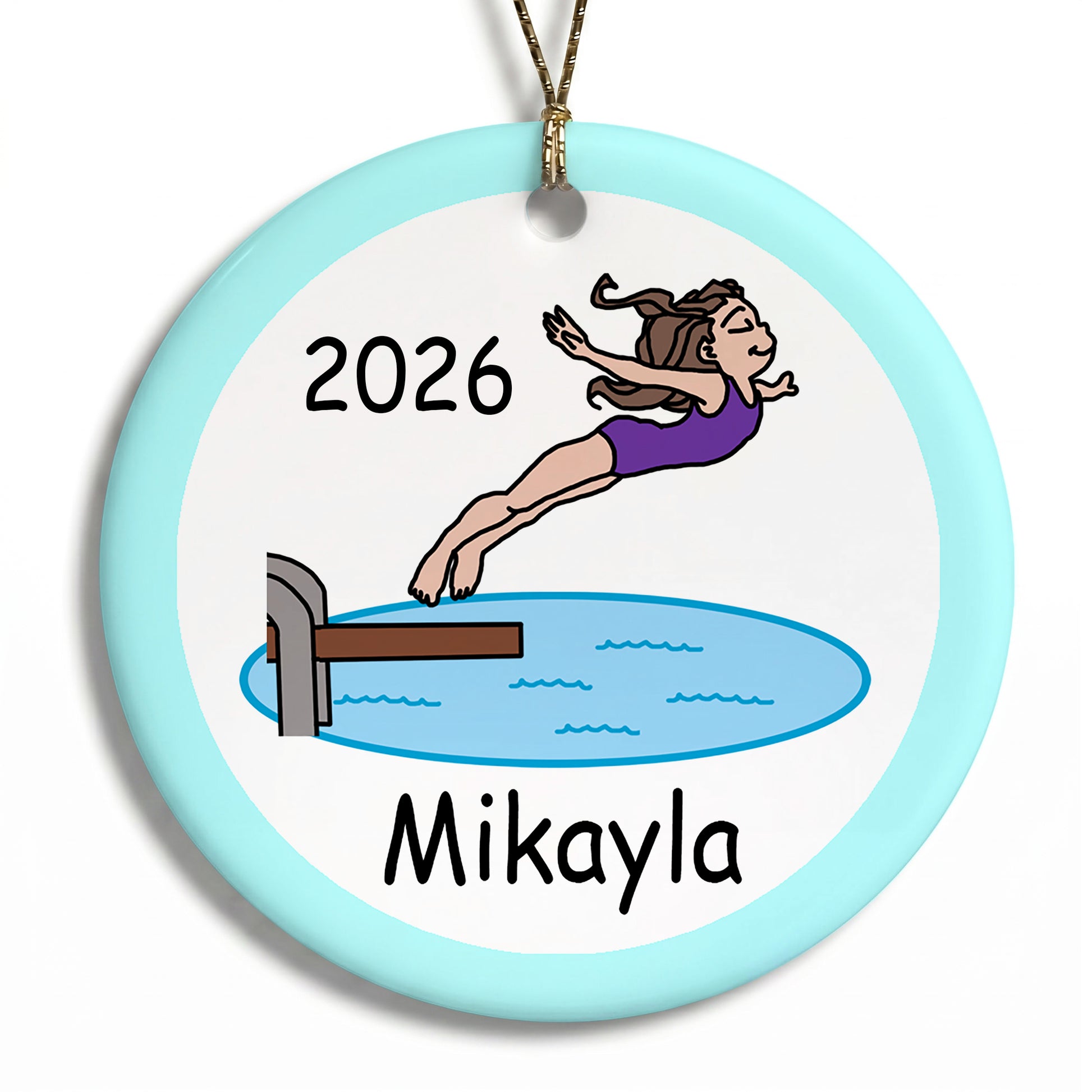Diving or Swimming Personalized Christmas Ornament - Girl with brown hair