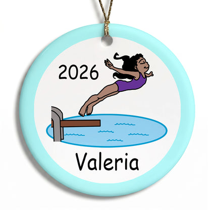 Diving or Swimming Personalized Christmas Ornament - Girl with medium skin and black hair