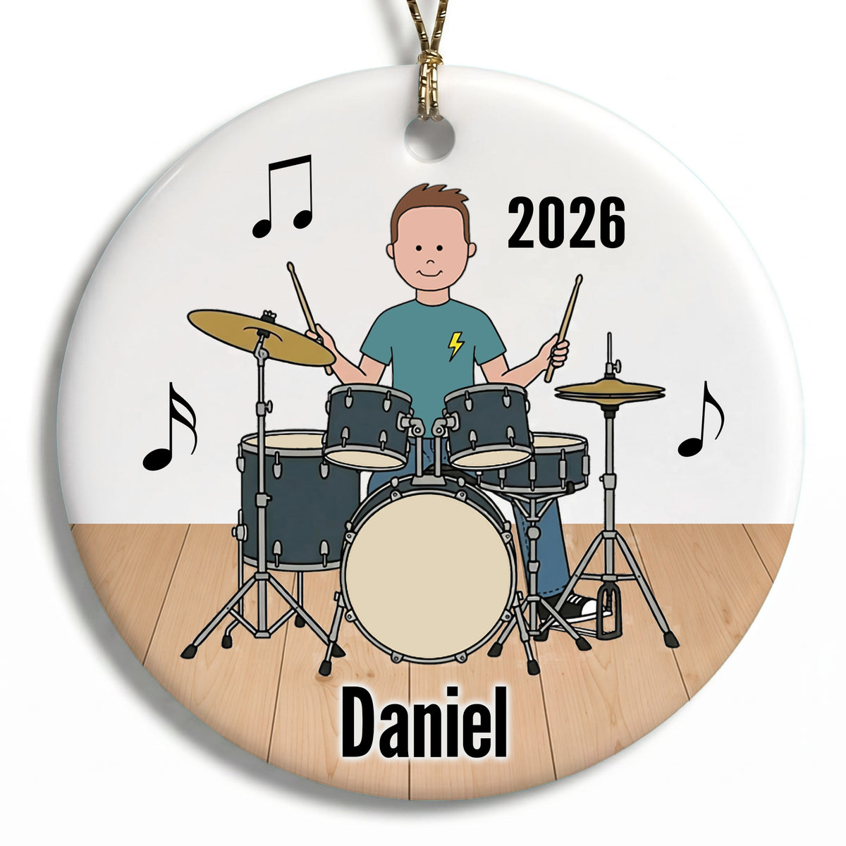 Drum Boy Personalized Christmas Ornament - B - Brown Hair / Fair Skin, 