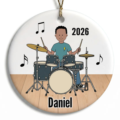 Drum Boy Personalized Christmas Ornament - F - Black Curly Hair/Medium Skin, 