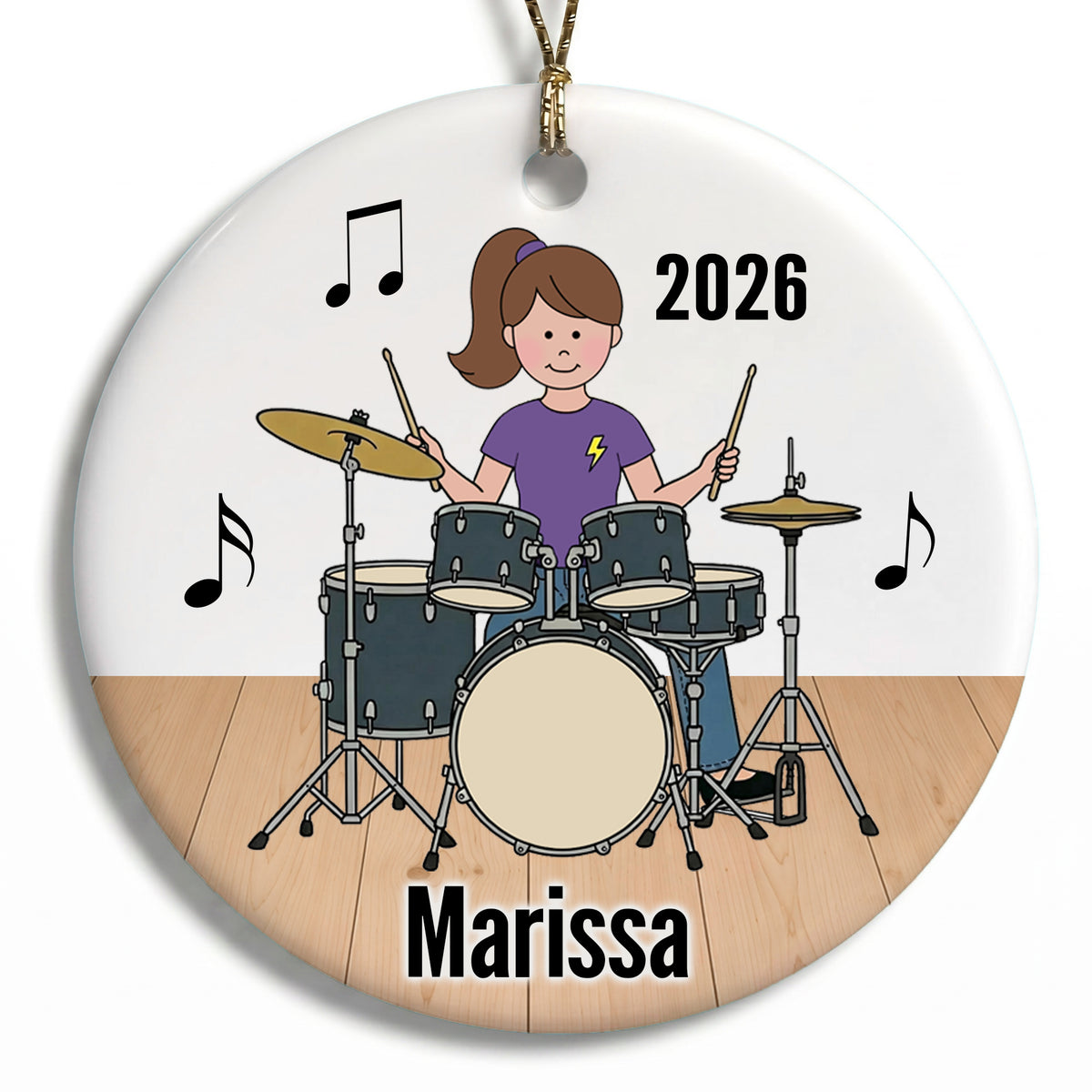 Drum Girl Personalized Christmas Ornament - B - Brown Hair / Fair Skin, 
