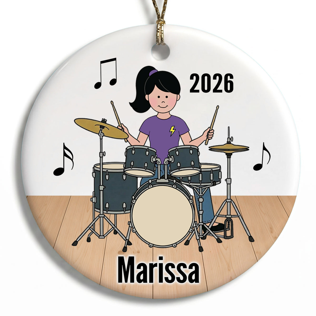 Drum Girl Personalized Christmas Ornament - D - Black Hair / Fair Skin, 