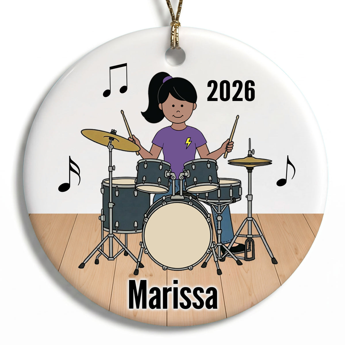 Drum Girl Personalized Christmas Ornament - E - Black Straight Hair/Medium Skin, 