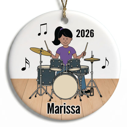 Drum Girl Personalized Christmas Ornament - E - Black Straight Hair/Medium Skin, 