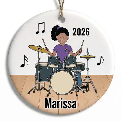 Drum Girl Personalized Christmas Ornament - F - Black Curly Hair/Medium Skin, 