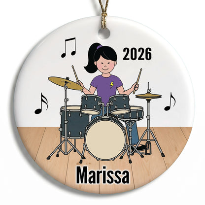 Drum Girl Personalized Christmas Ornament - H - Almond Eyes / Black Hair / Fair Skin, 