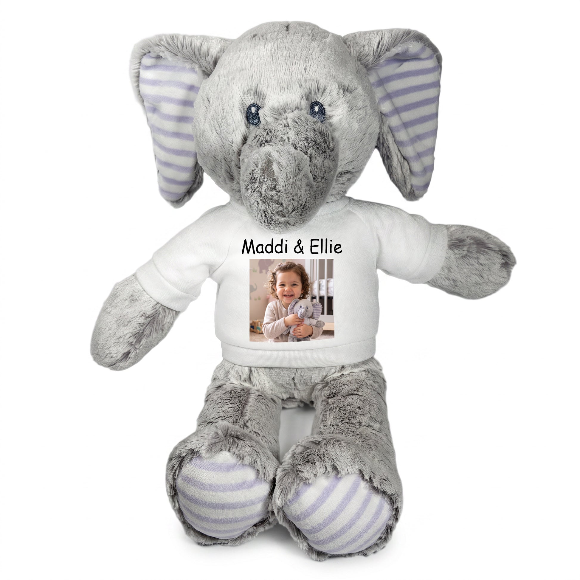 Personalized Stuffed Elephant - 12 Inch Elvin Elephant with Photo & Text - White Shirt