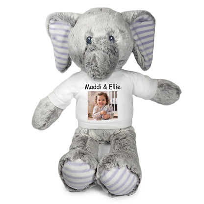 Personalized Stuffed Elephant - 12 Inch Elvin Elephant with Photo & Text - White Shirt