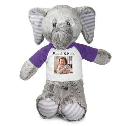 Personalized Stuffed Elephant - 12 Inch Elvin Elephant with Photo & Text - Purple Shirt