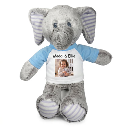 Personalized Stuffed Elephant - 12 Inch Elvin Elephant with Photo & Text - Light Blue Shirt