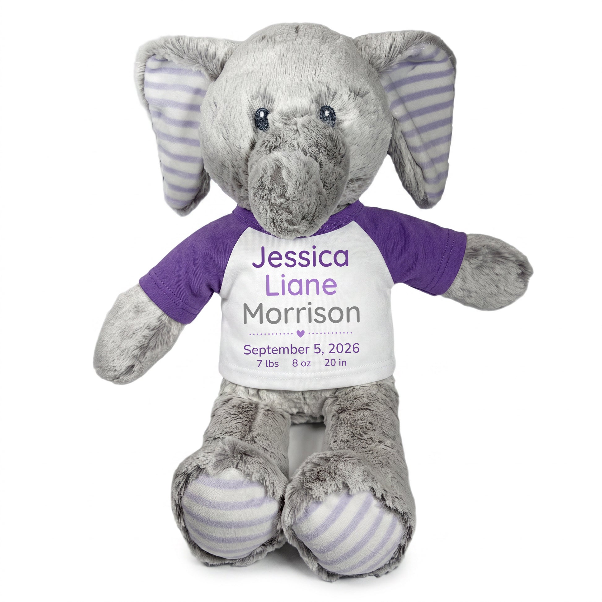 Personalized Stuffed Elephant for Baby Girl or Boy - 12 Inch Elvin Elephant - custom printed with baby's name, birth date, weight, and length. Adorable baby gift.  Purple Shirt with Purple and Grey Text