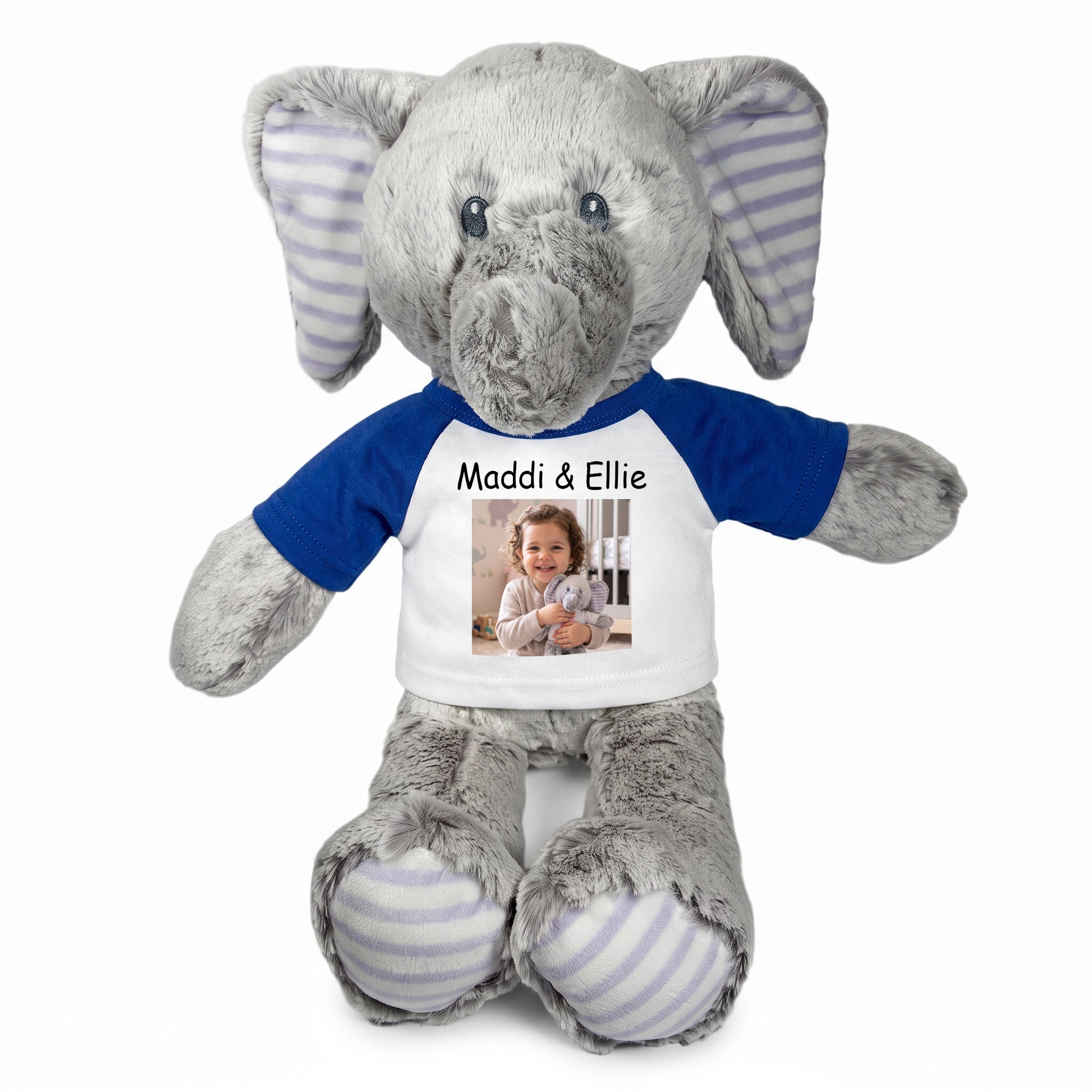 Personalized Stuffed Elephant - 12 Inch Elvin Elephant with Photo & Text - Royal Blue Shirt