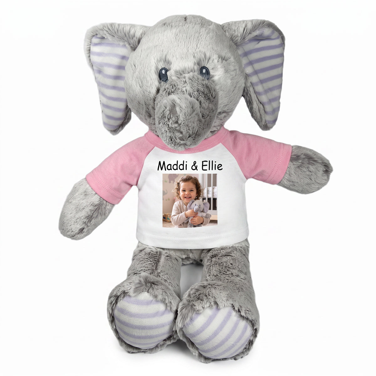 Personalized Stuffed Elephant - 12 Inch Elvin Elephant with Photo & Text -- Pink Shirt