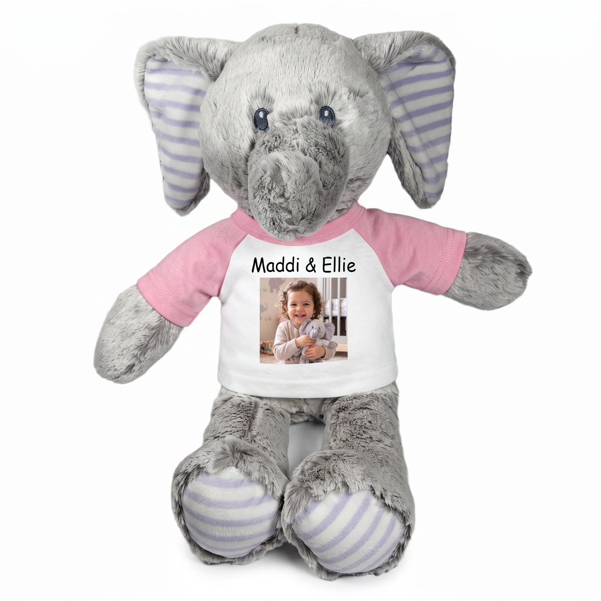 Personalized Stuffed Elephant - 12 Inch Elvin Elephant with Photo & Text -- Pink Shirt