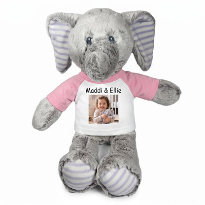 Personalized Stuffed Elephant - 12 Inch Elvin Elephant with Photo & Text -- Pink Shirt