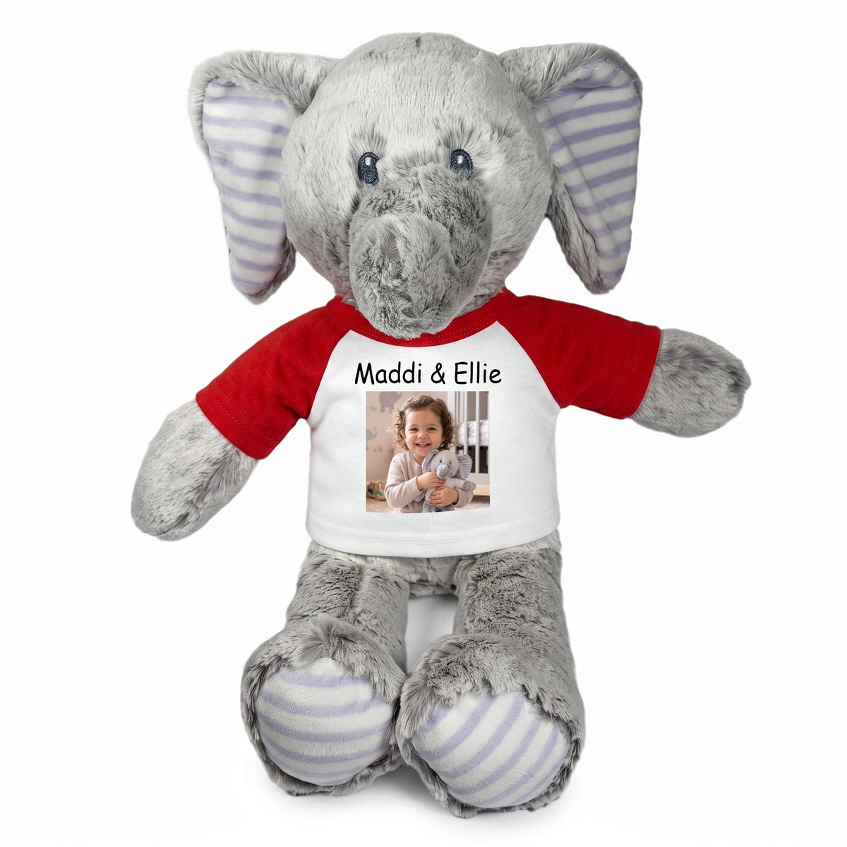 Personalized Stuffed Elephant - 12 Inch Elvin Elephant with Photo & Text - - Red Shirt