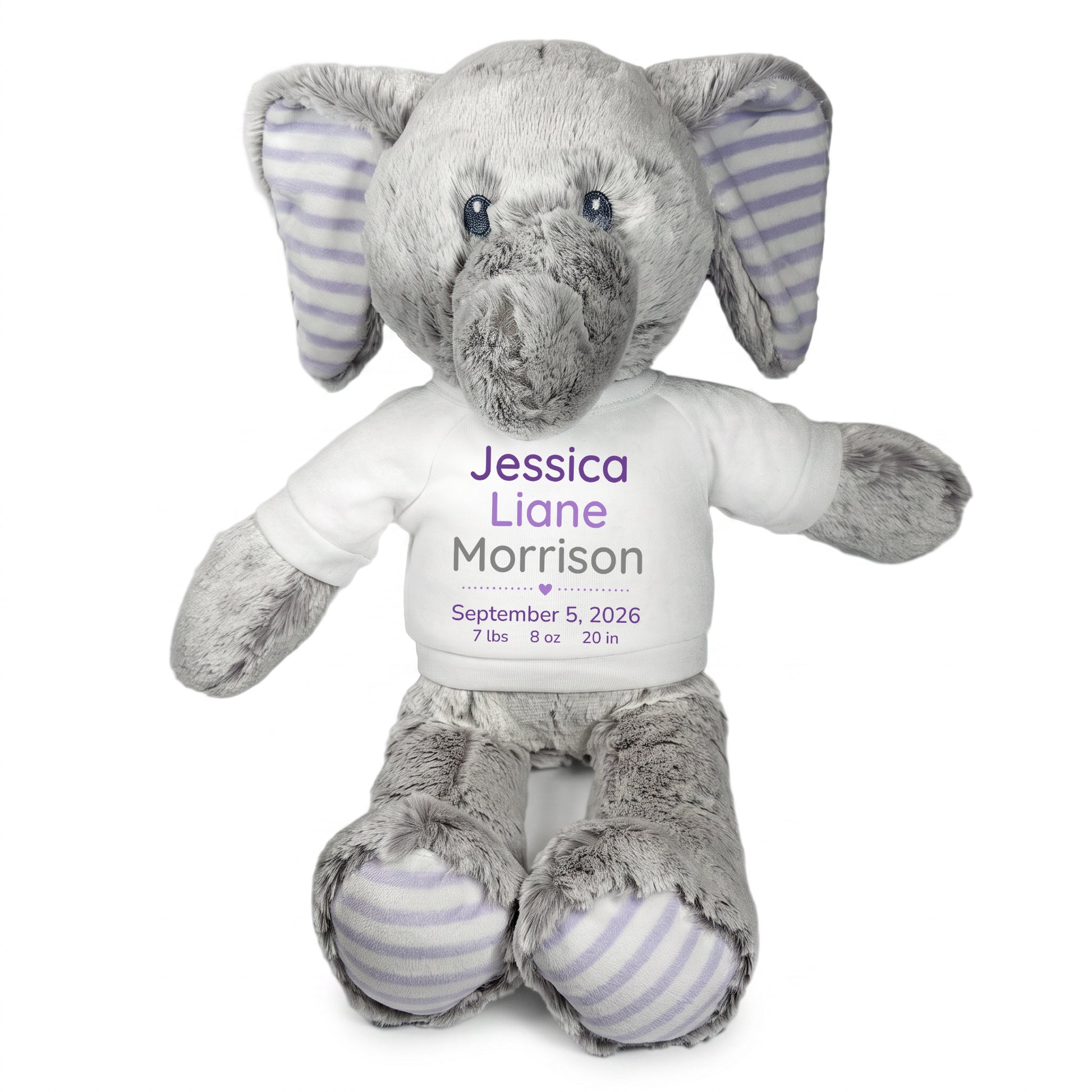 Personalized Stuffed Elephant for Baby Girl or Boy - 12 Inch Elvin Elephant - custom printed with baby's name, birth date, weight, and length. Adorable baby gift.  White Shirt with Purple and Grey Text