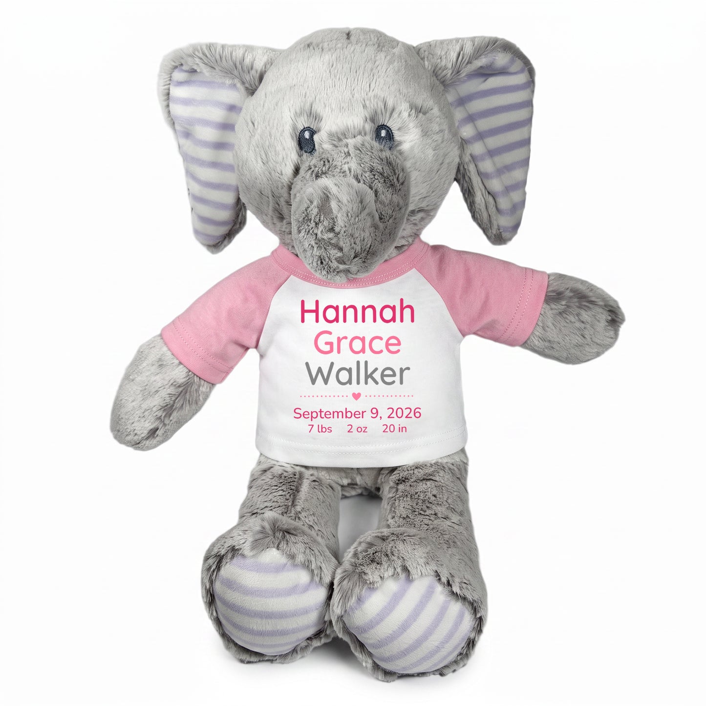 Personalized Stuffed Elephant for Baby Girl or Boy - 12 Inch Elvin Elephant - custom printed with baby's name, birth date, weight, and length. Adorable baby gift.  Pink Shirt with Pink and Grey Text