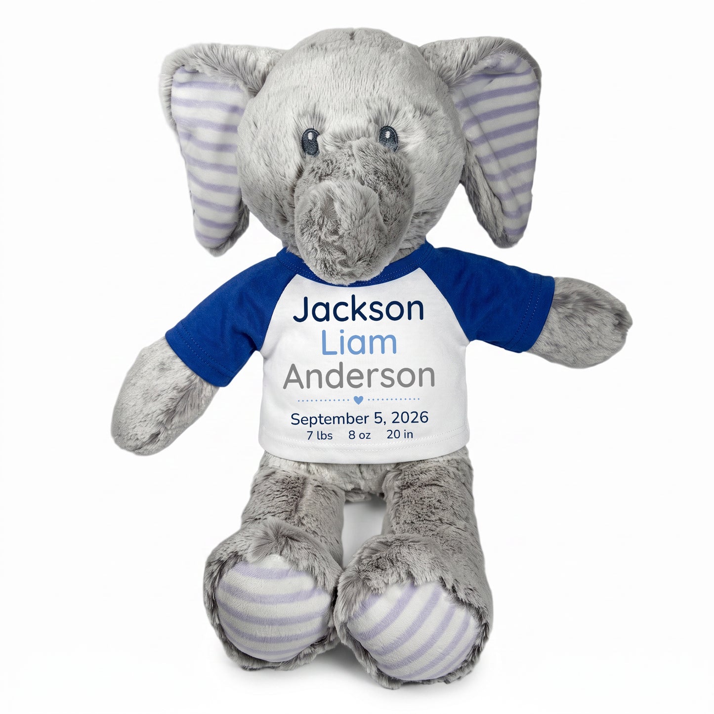 Personalized Stuffed Elephant for Baby Girl or Boy - 12 Inch Elvin Elephant - custom printed with baby's name, birth date, weight, and length. Adorable baby gift.  Royal Blue Shirt with Blue and Grey Text