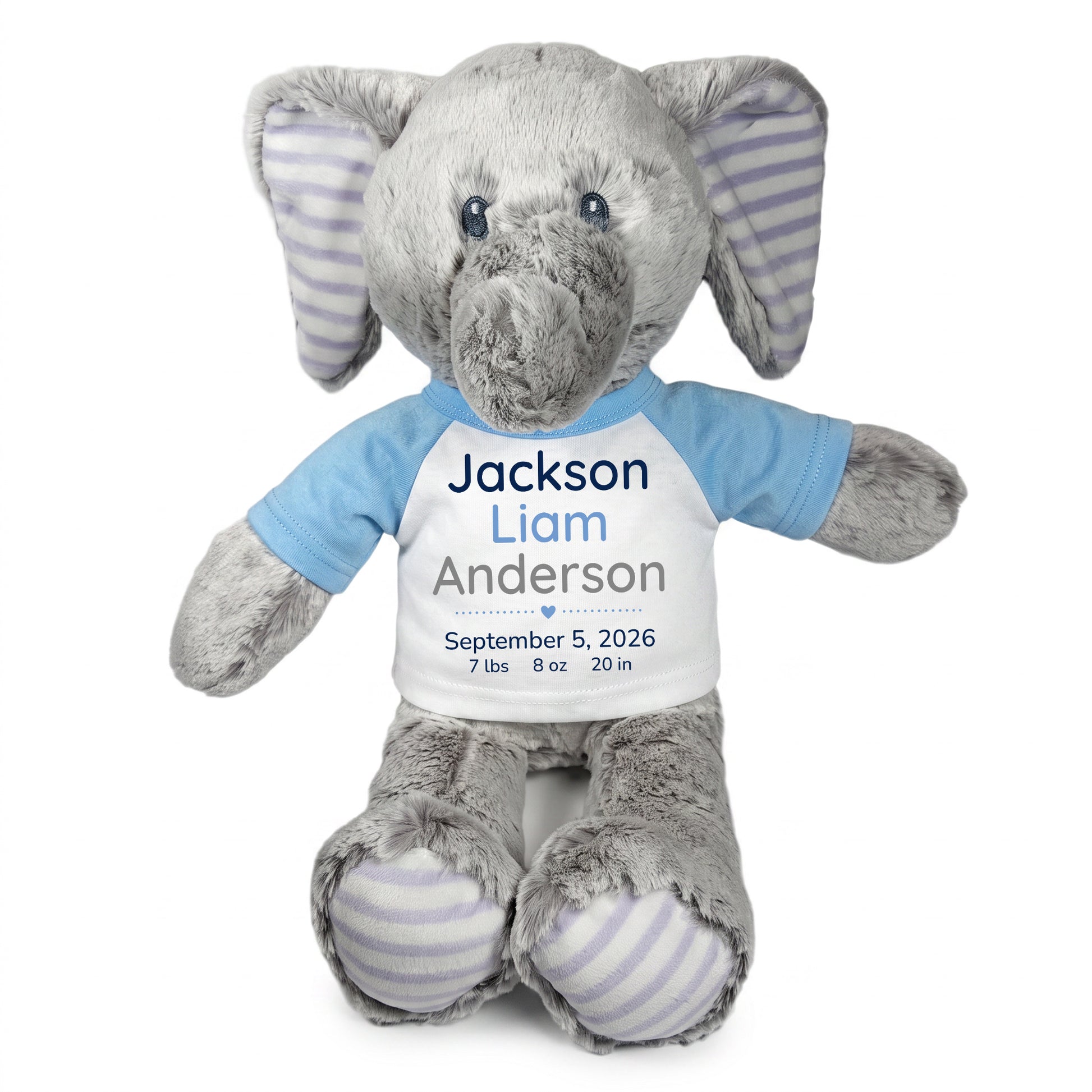 Personalized Stuffed Elephant for Baby Girl or Boy - 12 Inch Elvin Elephant - custom printed with baby's name, birth date, weight, and length. Adorable baby gift. Light Blue Shirt with Blue and Grey Text