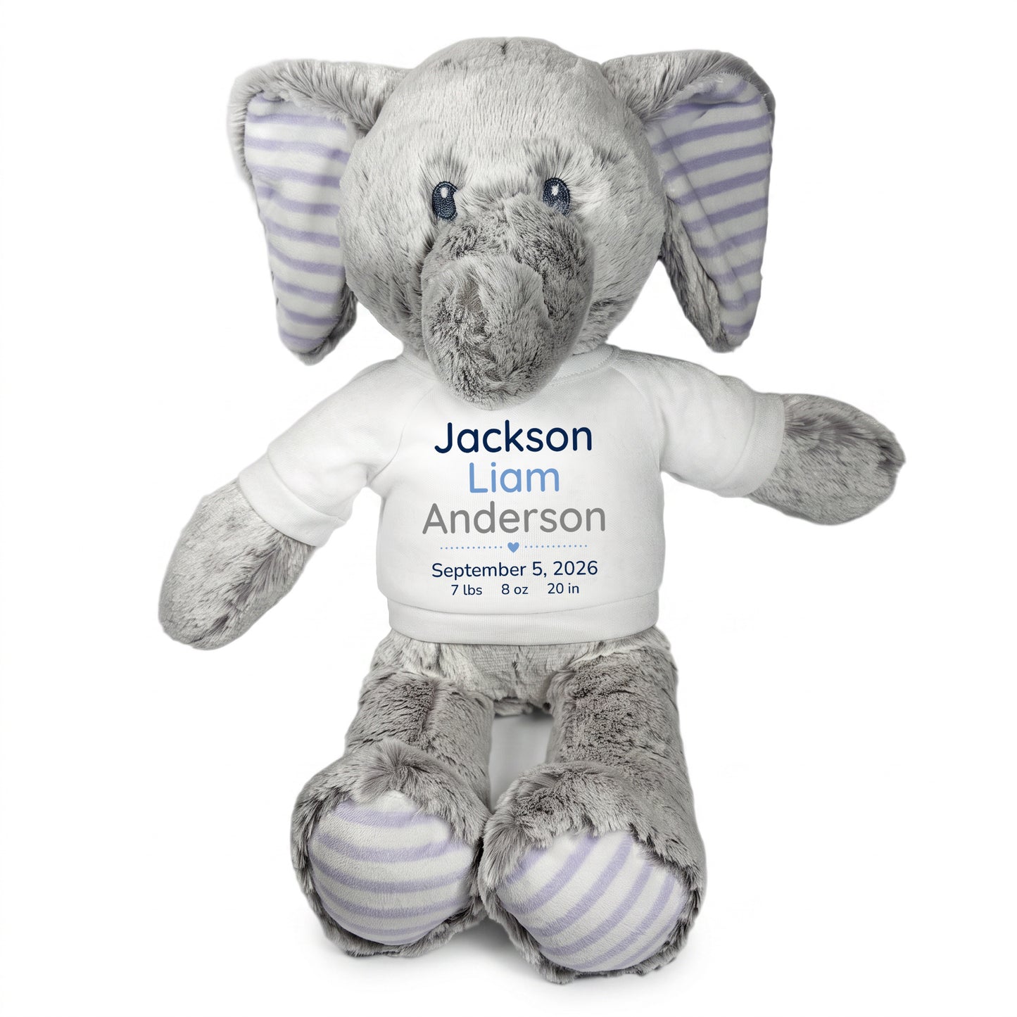 Personalized Stuffed Elephant for Baby Girl or Boy - 12 Inch Elvin Elephant - custom printed with baby's name, birth date, weight, and length. Adorable baby gift. White Shirt with Blue and Grey Text