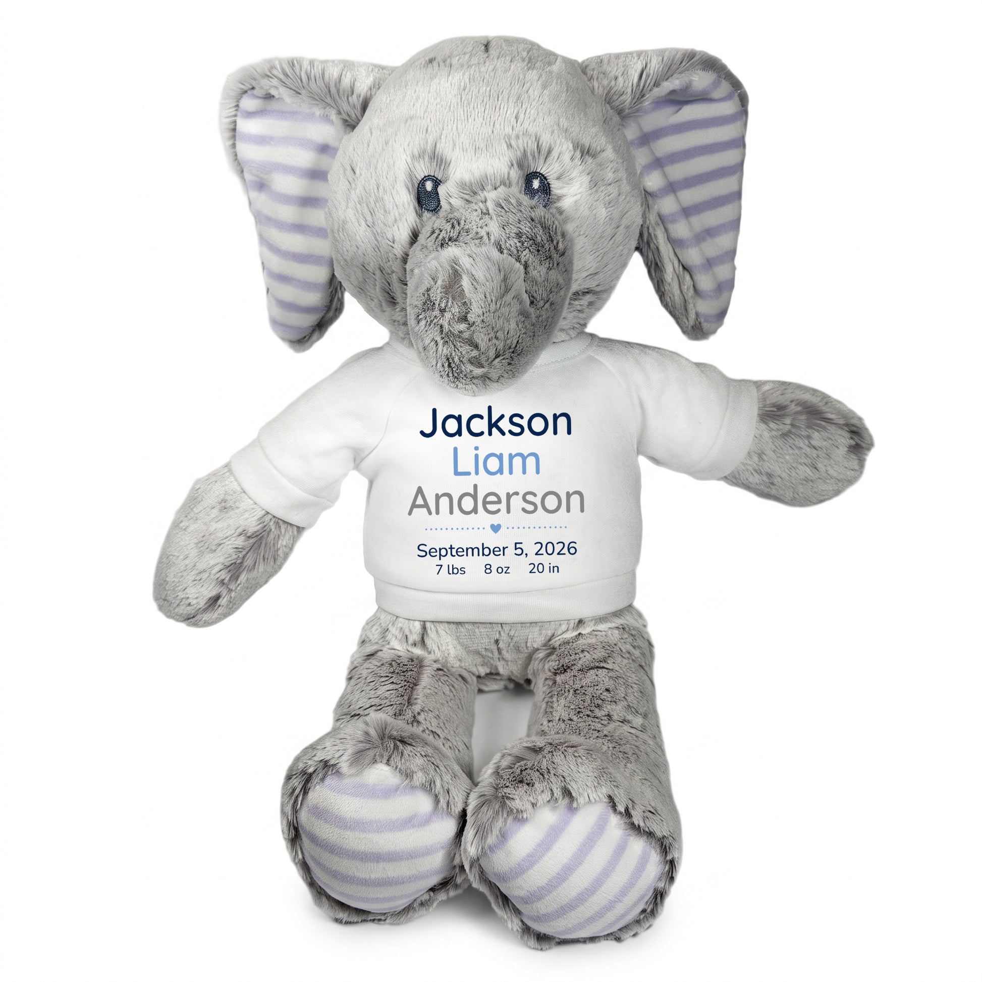 Personalized Stuffed Elephant for Baby Girl or Boy - 12 Inch Elvin Elephant - custom printed with baby's name, birth date, weight, and length. Adorable baby gift. White Shirt with Blue and Grey Text