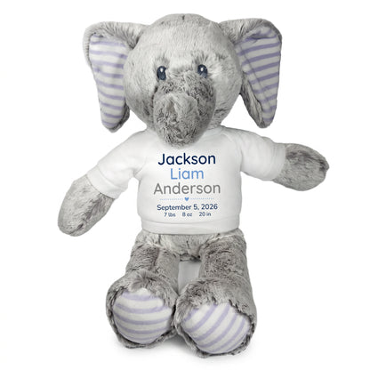 Personalized Stuffed Elephant for Baby Girl or Boy - 12 Inch Elvin Elephant - custom printed with baby's name, birth date, weight, and length. Adorable baby gift. White Shirt with Blue and Grey Text