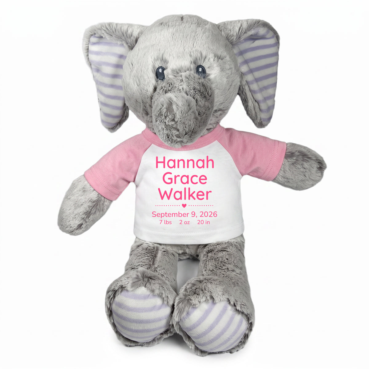 Personalized Stuffed Elephant for Baby Girl - 12 Inch Elvin Elephant with pink shirt and pink text
