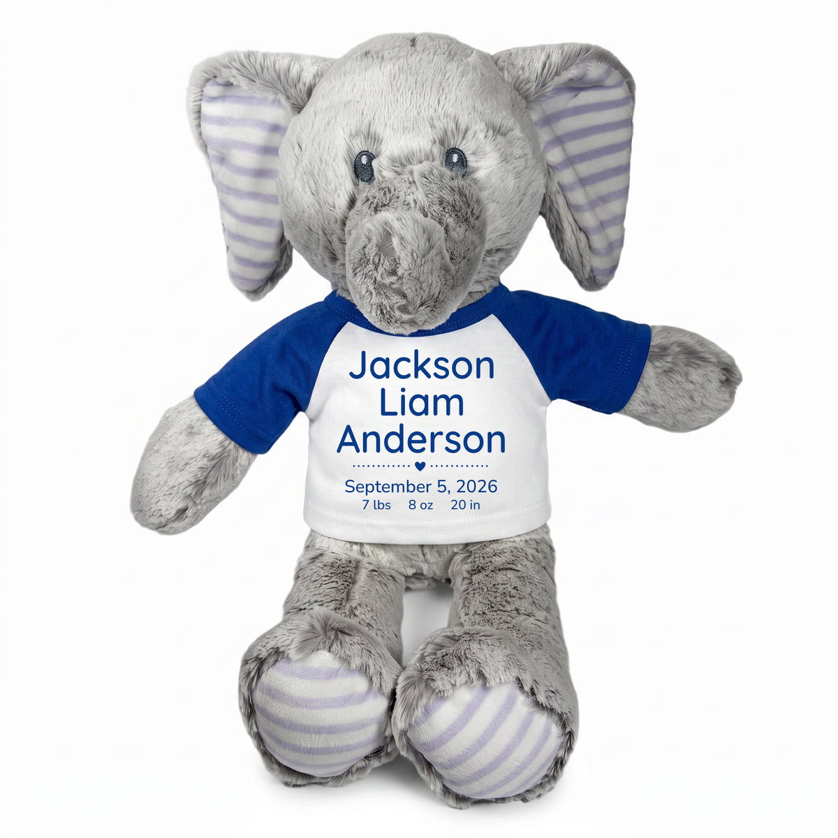 Personalized Stuffed Elephant for Baby Boy - 12 Inch Elvin Elephant with royal blue shirt and blue text