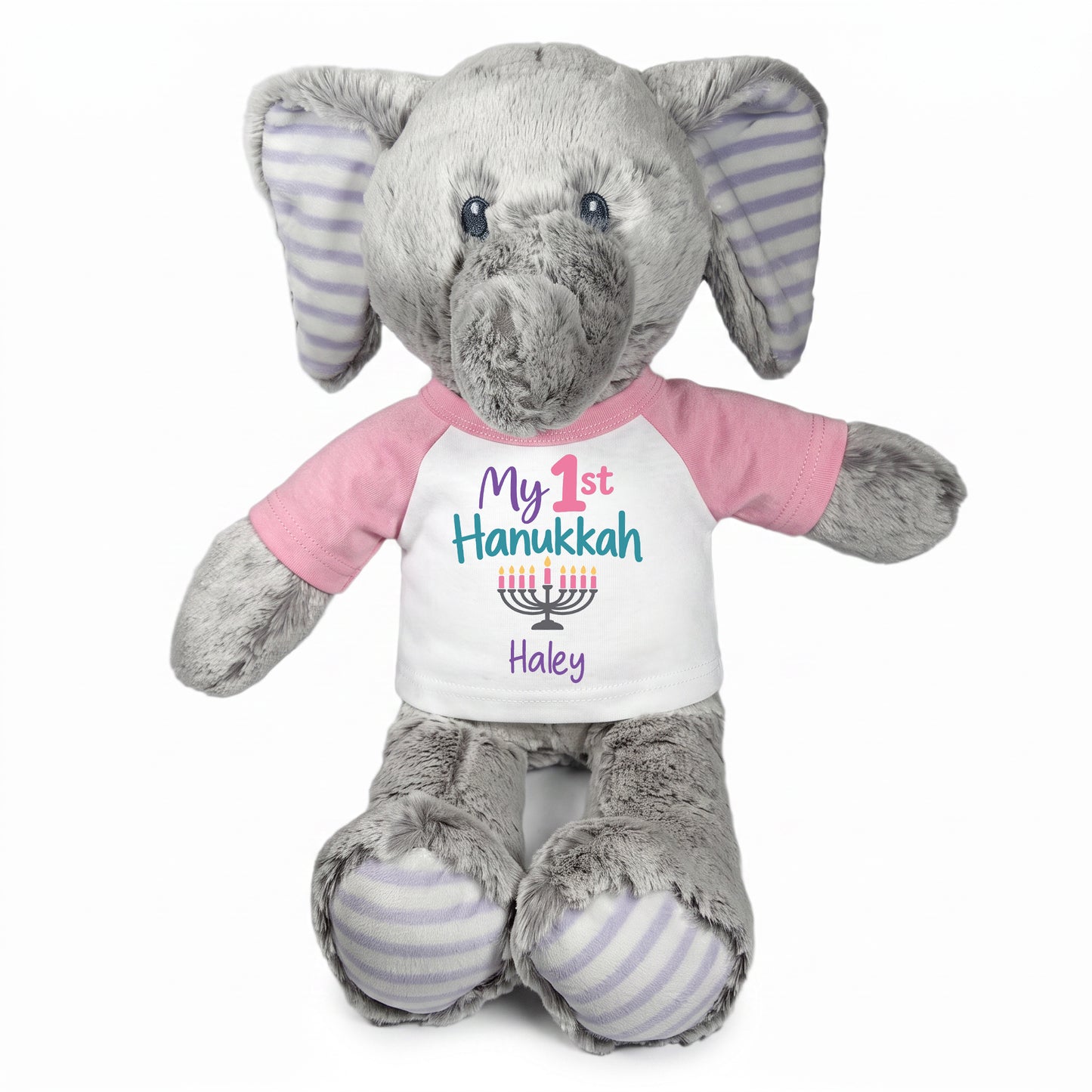 Personalized Hanukkah Stuffed Elephant - 12 Inch Plush Elvin Elephant - My 1st Hanukkah, Pink Shirt / Pastel Design