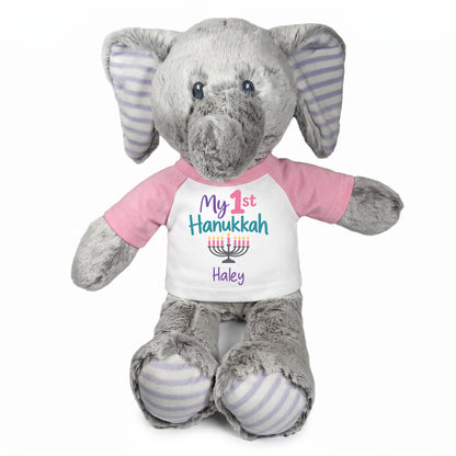 Personalized Hanukkah Stuffed Elephant - 12 Inch Plush Elvin Elephant - My 1st Hanukkah, Pink Shirt / Pastel Design