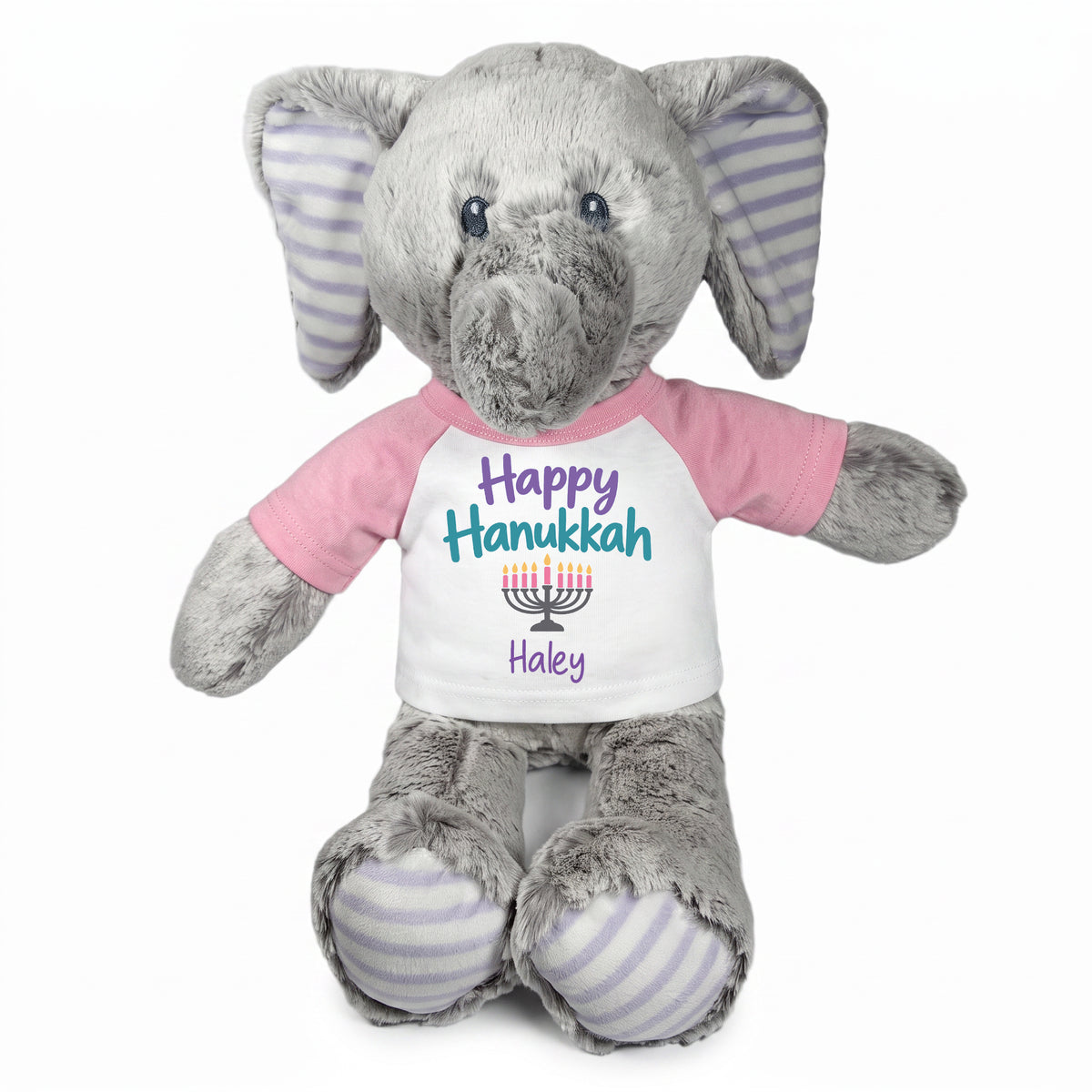 Personalized Hanukkah Stuffed Elephant - 12 Inch Plush Elvin Elephant - Happy Hanukkah, Pink Shirt / Pastel Design