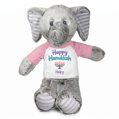 Personalized Hanukkah Stuffed Elephant - 12 Inch Plush Elvin Elephant - Happy Hanukkah, Pink Shirt / Pastel Design