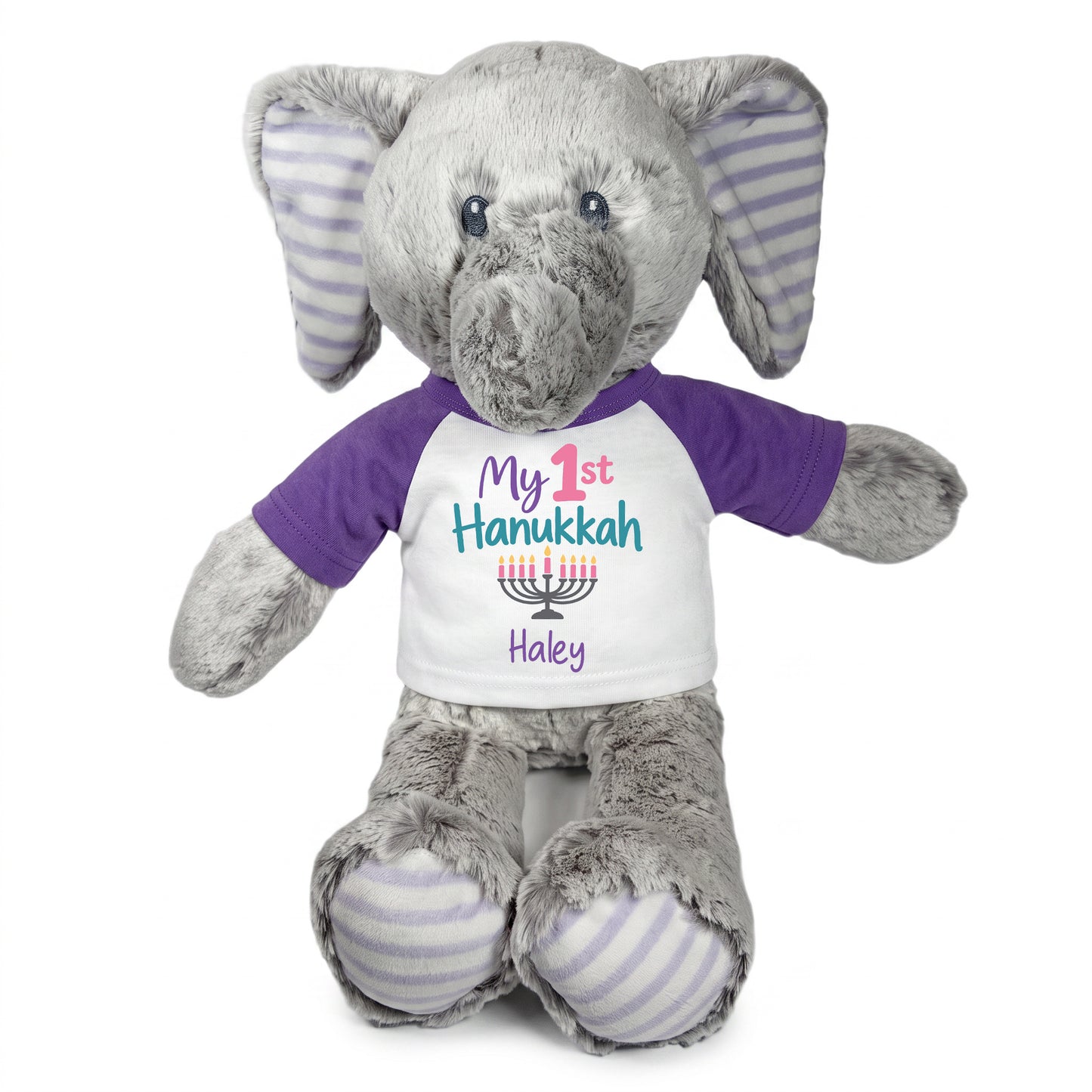 Personalized Hanukkah Stuffed Elephant - 12 Inch Plush Elvin Elephant - My 1st Hanukkah, Purple Shirt / Pastel Design