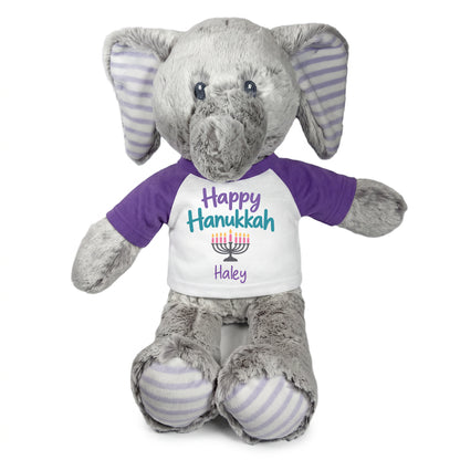 Personalized Hanukkah Stuffed Elephant - 12 Inch Plush Elvin Elephant - Happy Hanukkah, Purple Shirt / Pastel Design