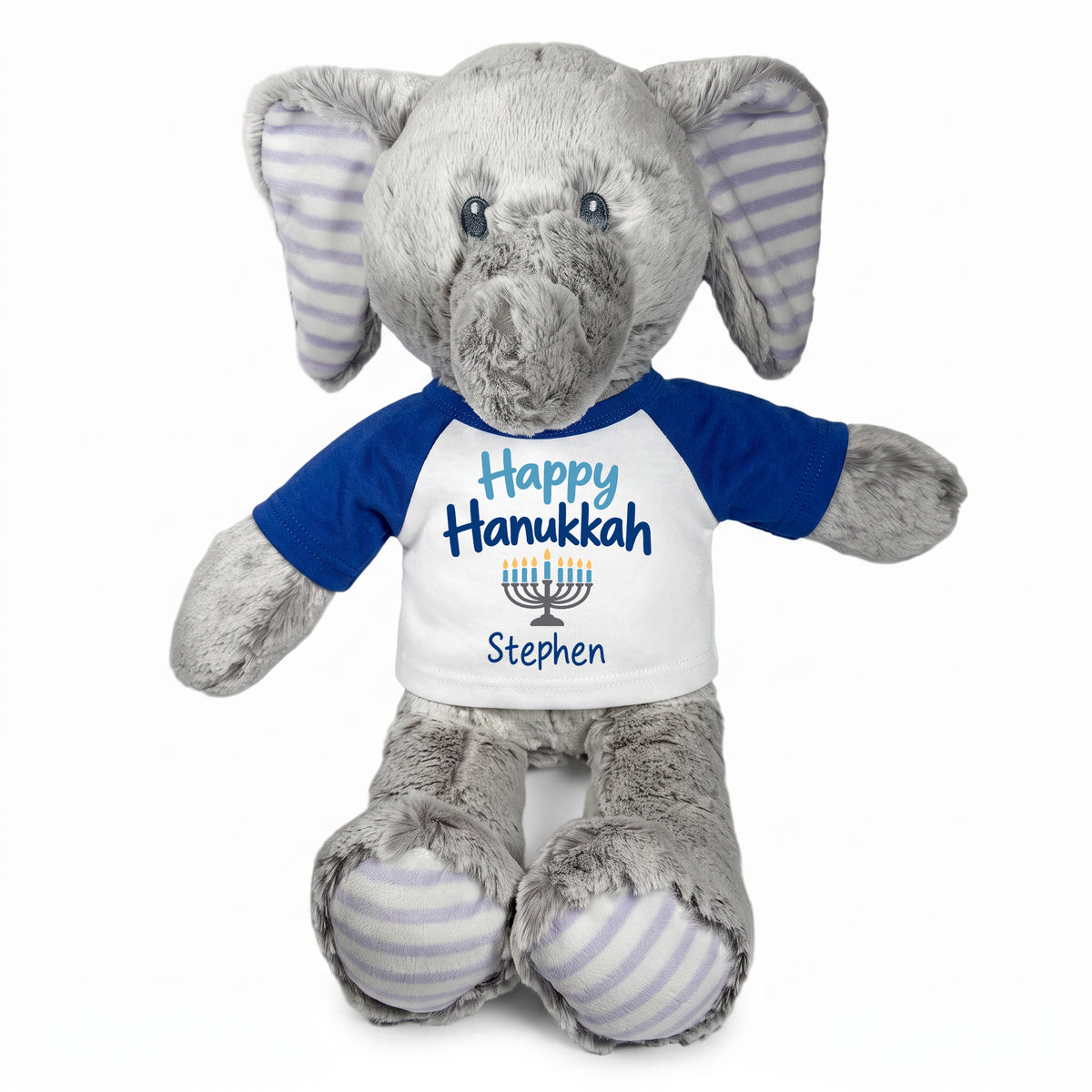 Personalized Hanukkah Stuffed Elephant - 12 Inch Plush Elvin Elephant - Happy Hanukkah, Royal Blue Shirt / Blue Design