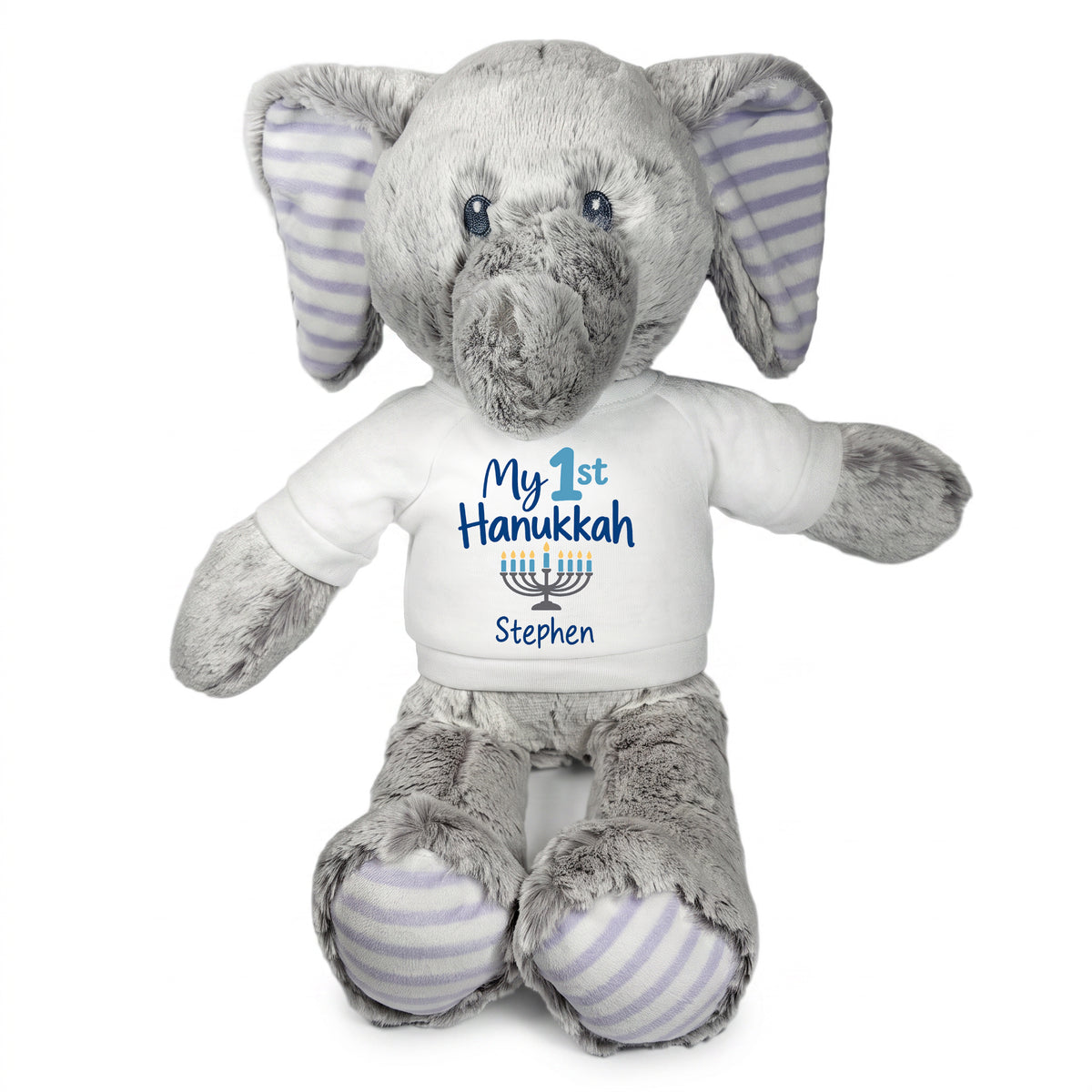Personalized Hanukkah Stuffed Elephant - 12 Inch Plush Elvin Elephant - My 1st Hanukkah, White Shirt / Blue Design