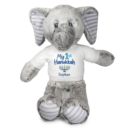 Personalized Hanukkah Stuffed Elephant - 12 Inch Plush Elvin Elephant - My 1st Hanukkah, White Shirt / Blue Design
