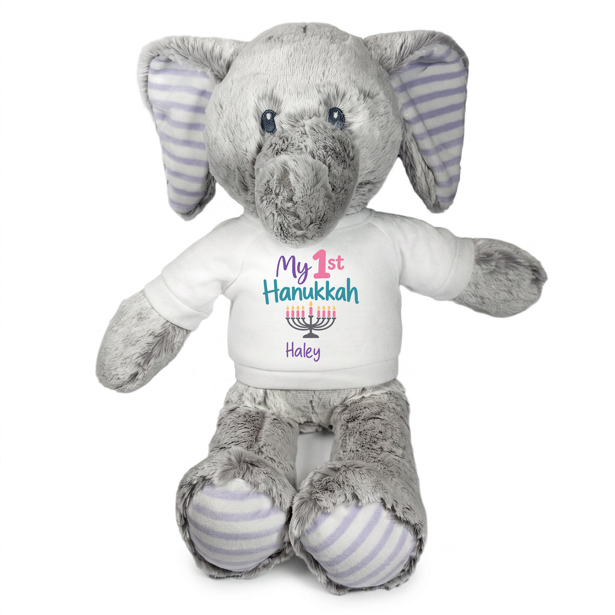 Personalized Hanukkah Stuffed Elephant - 12 Inch Plush Elvin Elephant - My 1st Hanukkah, White Shirt / Pastel Design