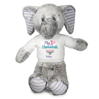 Personalized Hanukkah Stuffed Elephant - 12 Inch Plush Elvin Elephant - My 1st Hanukkah, White Shirt / Pastel Design