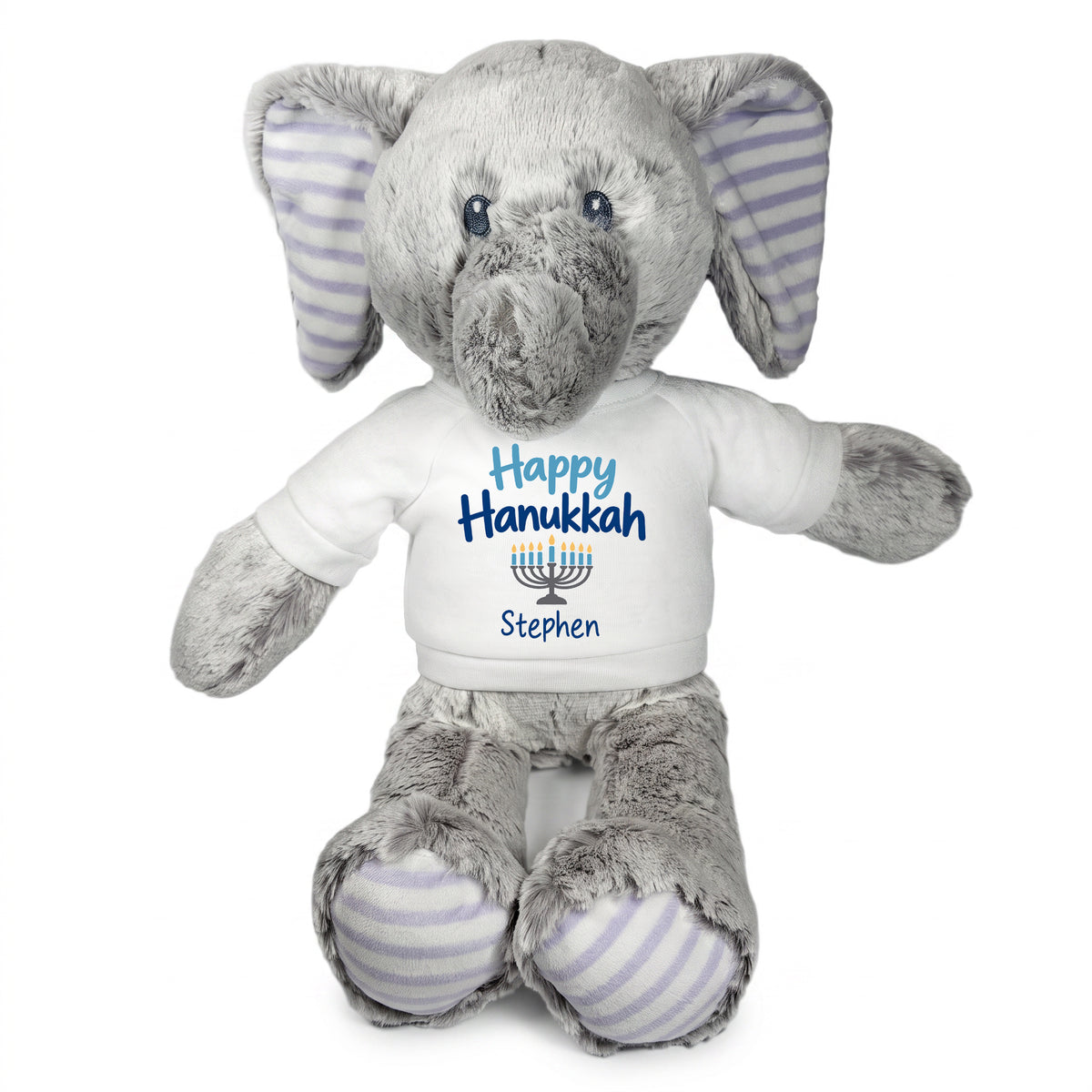 Personalized Hanukkah Stuffed Elephant - 12 Inch Plush Elvin Elephant - Happy Hanukkah, White Shirt / Blue Design