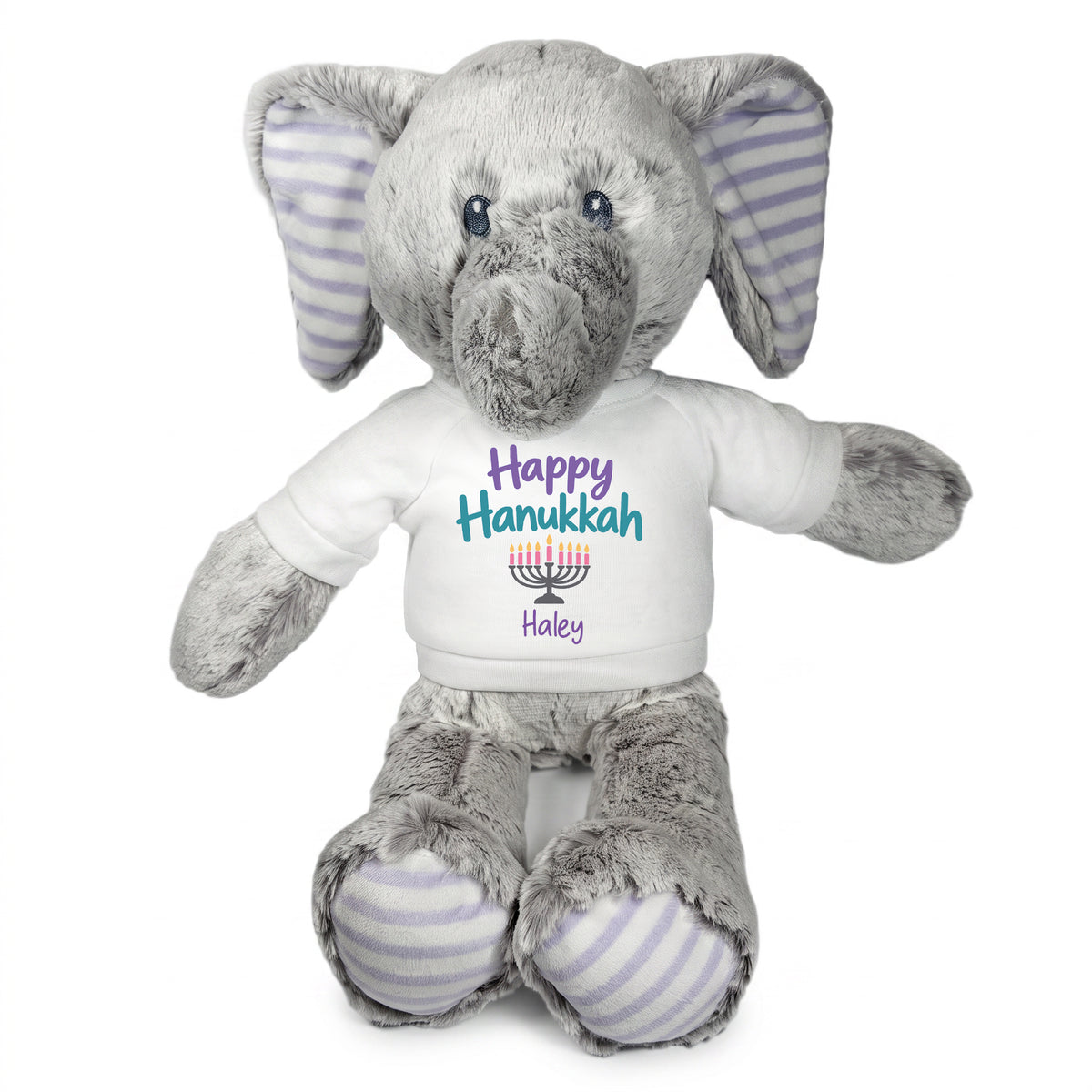 Personalized Hanukkah Stuffed Elephant - 12 Inch Plush Elvin Elephant - Happy Hanukkah, White Shirt / Pastel Design