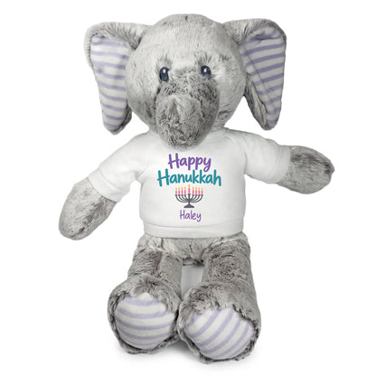Personalized Hanukkah Stuffed Elephant - 12 Inch Plush Elvin Elephant - Happy Hanukkah, White Shirt / Pastel Design