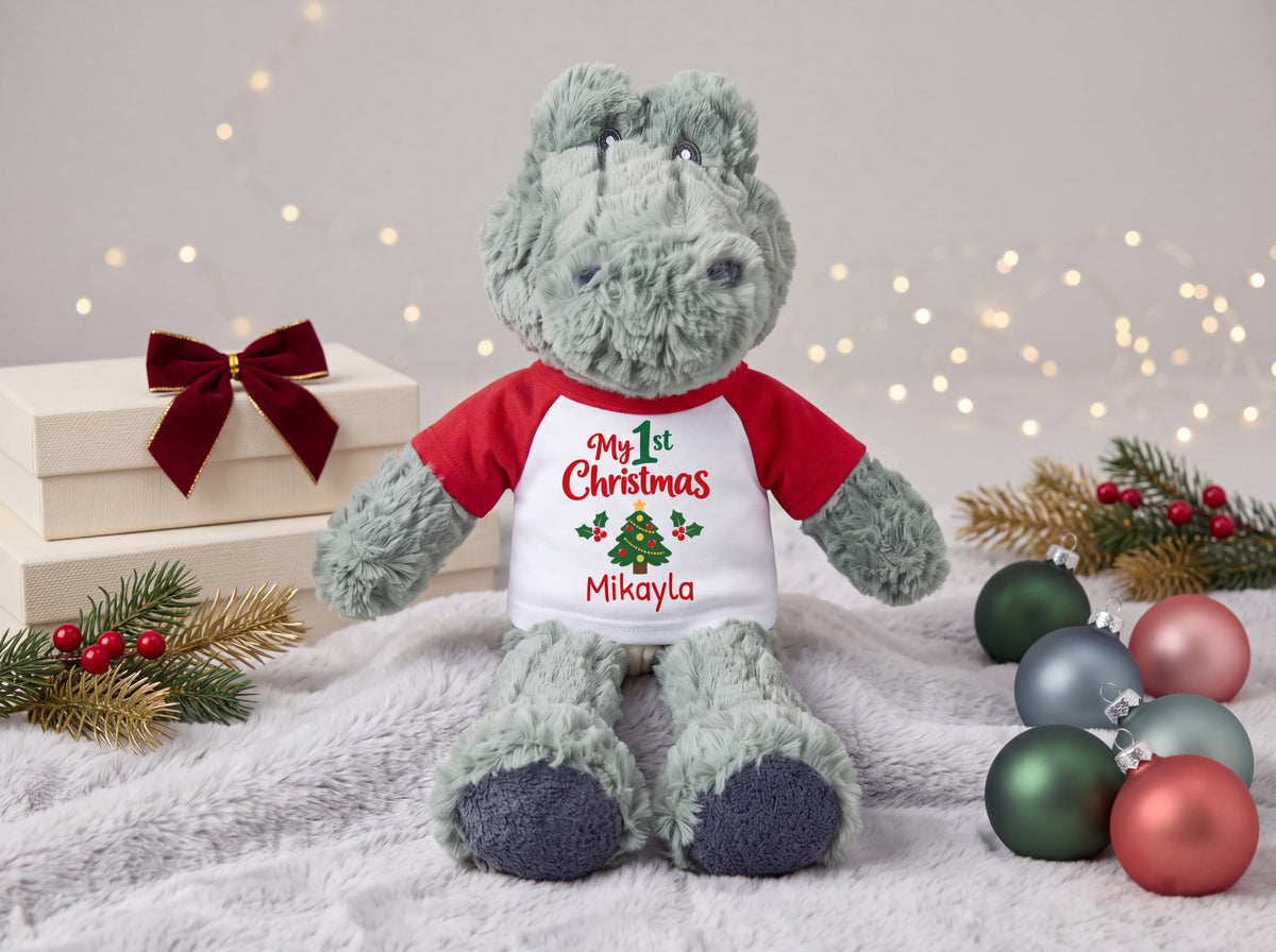 Personalized Christmas Stuffed Crocodile / Alligator - 12 Inch Plush Alli Gator - Merry Christmas, My First Christmas, Feliz Navidad, or Happy Holidays
