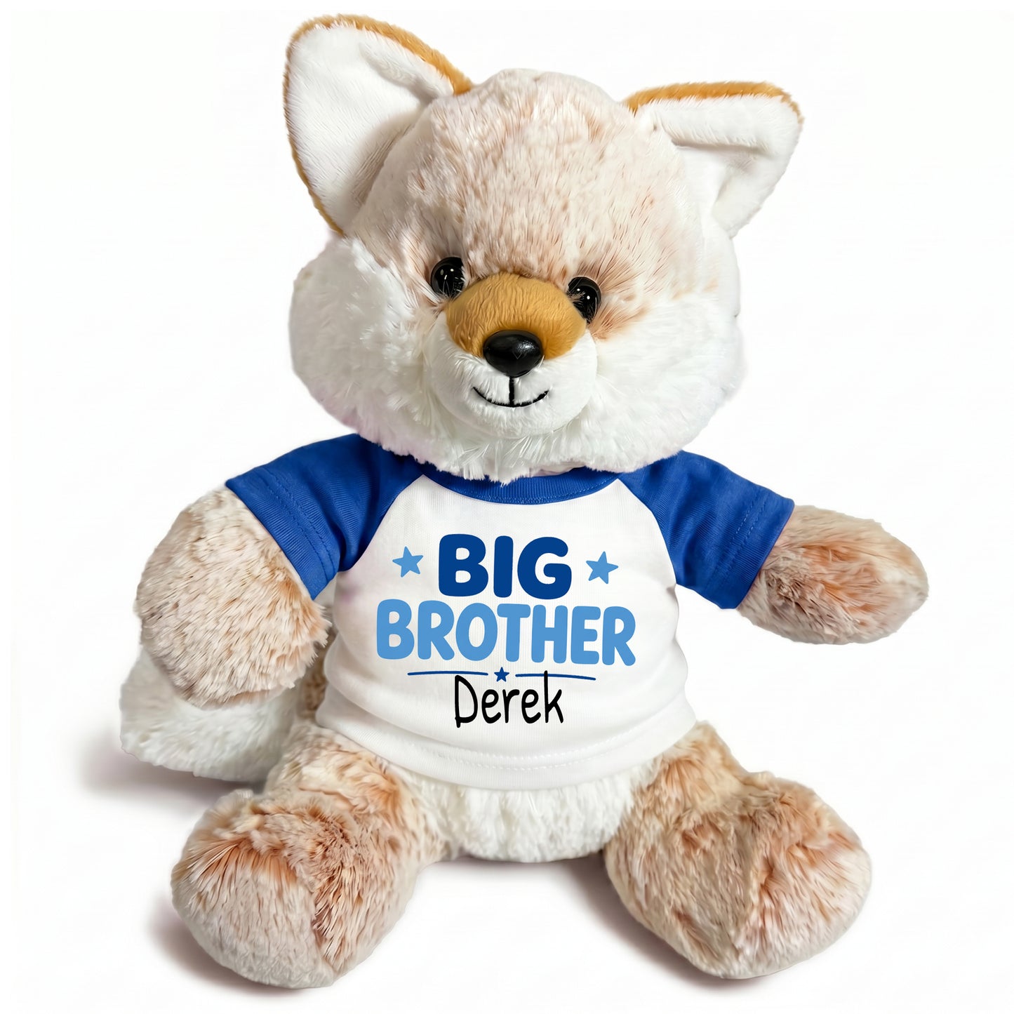 Personalized Big Brother Stuffed Fox - 11 Inch Plush Fancy Fox - Royal blue shirt with blue design