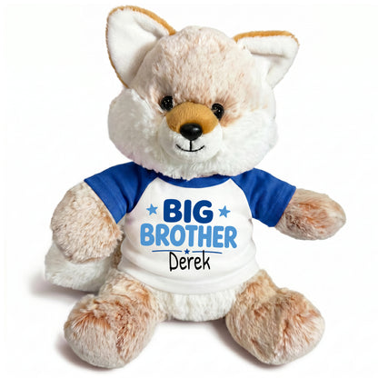 Personalized Big Brother Stuffed Fox - 11 Inch Plush Fancy Fox - Royal blue shirt with blue design