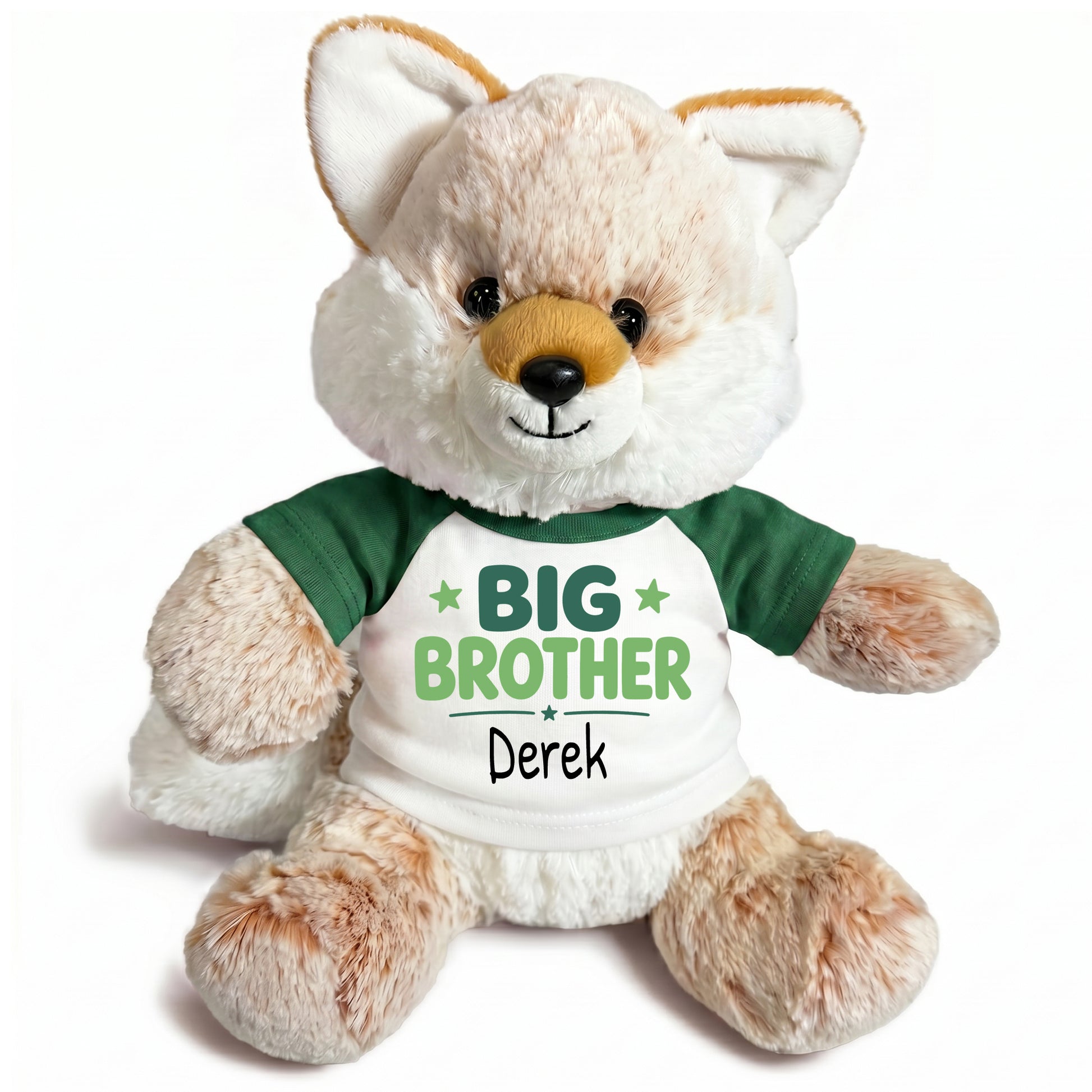 Personalized Big Brother Stuffed Fox - 11 Inch Plush Fancy Fox - Green shirt with green design