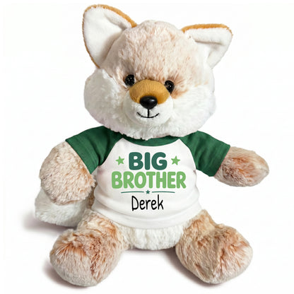 Personalized Big Brother Stuffed Fox - 11 Inch Plush Fancy Fox - Green shirt with green design